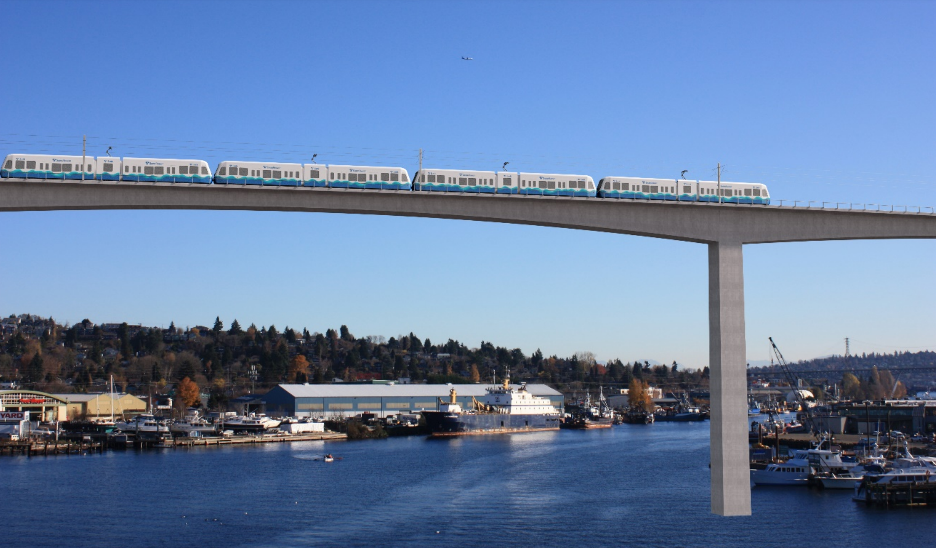 
                     A rendering shows a simple concrete bridge with a high span over Salmon Bay, with piers in the background.
                     