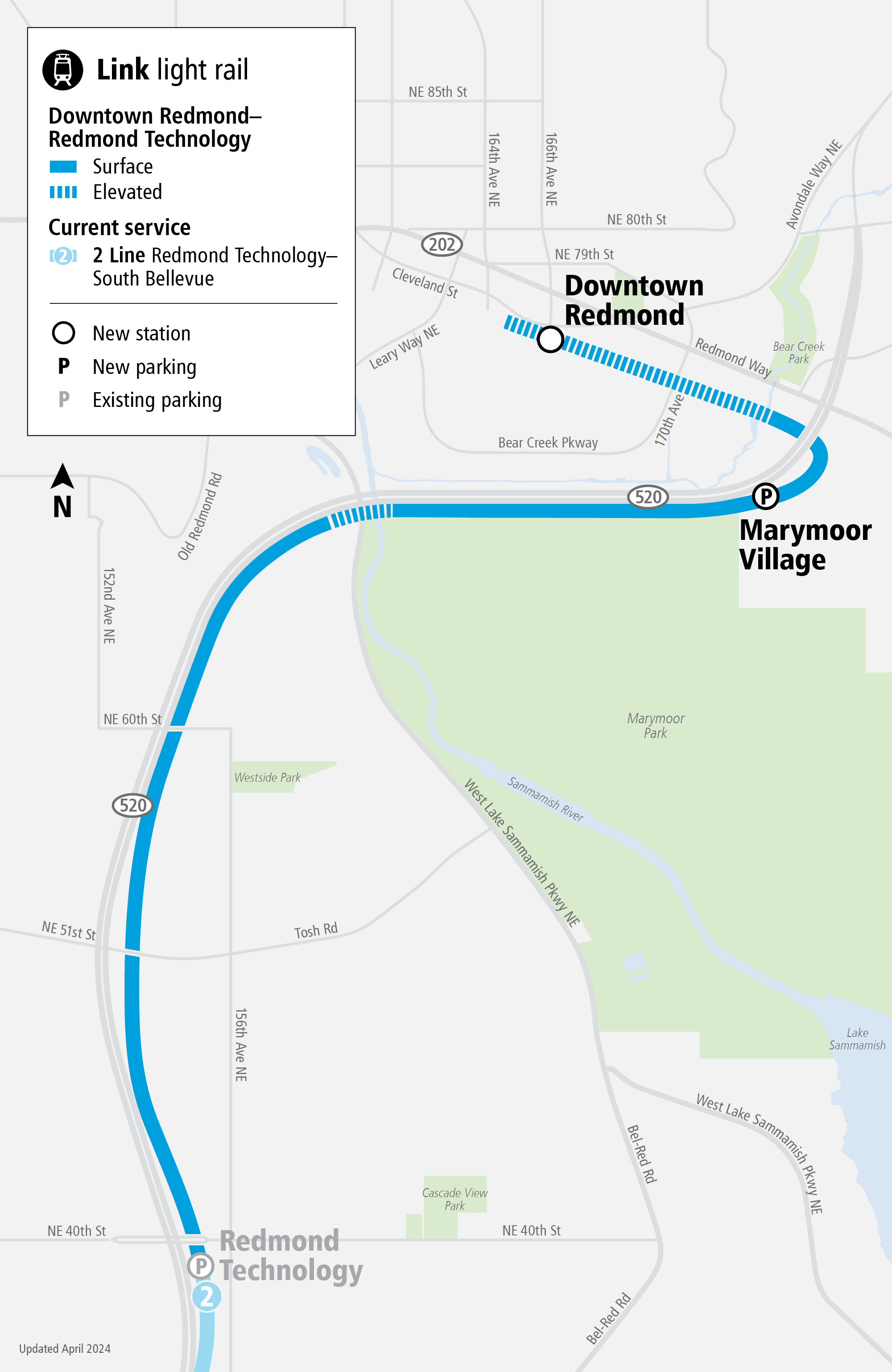 A map shows the Marymoor Village and Downtown Redmond station locations. The tracks are mostly at grade or elevated.