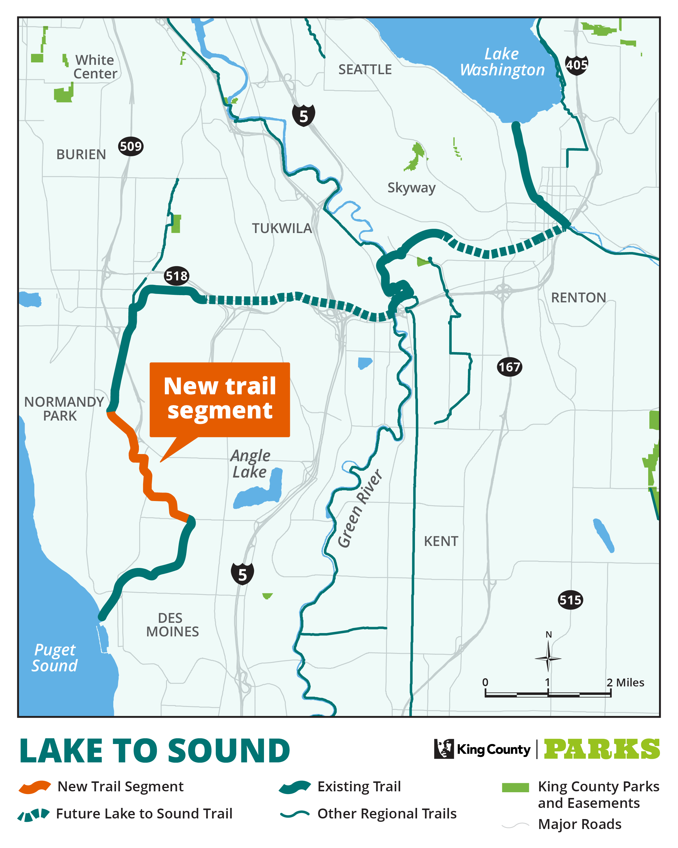 Lake to Sound Trail's Segment C adds 2.2 miles in Burien and SeaTac, as the map shows. The trail tracks SR 518.