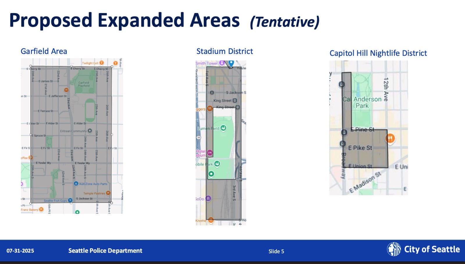 Three maps on a slide indicate Seattle's Garfield High School area, the stadium district, and part of Capitol Hill near Cal Anderson