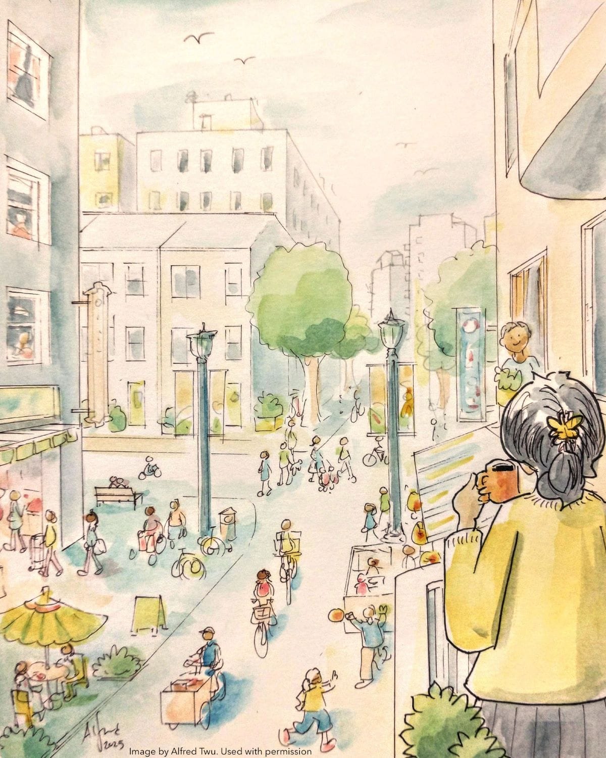 A sketch shows the balcony view of a pedestrian street teeming with activity, such as kids playing and food sellers and people sitting and drinking coffee.