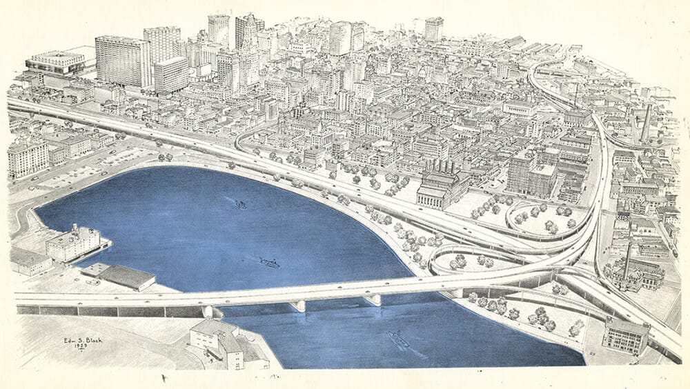 A sketch shows Baltimore's 1950s skyline with a freeway interchange dominating the inner harbor.