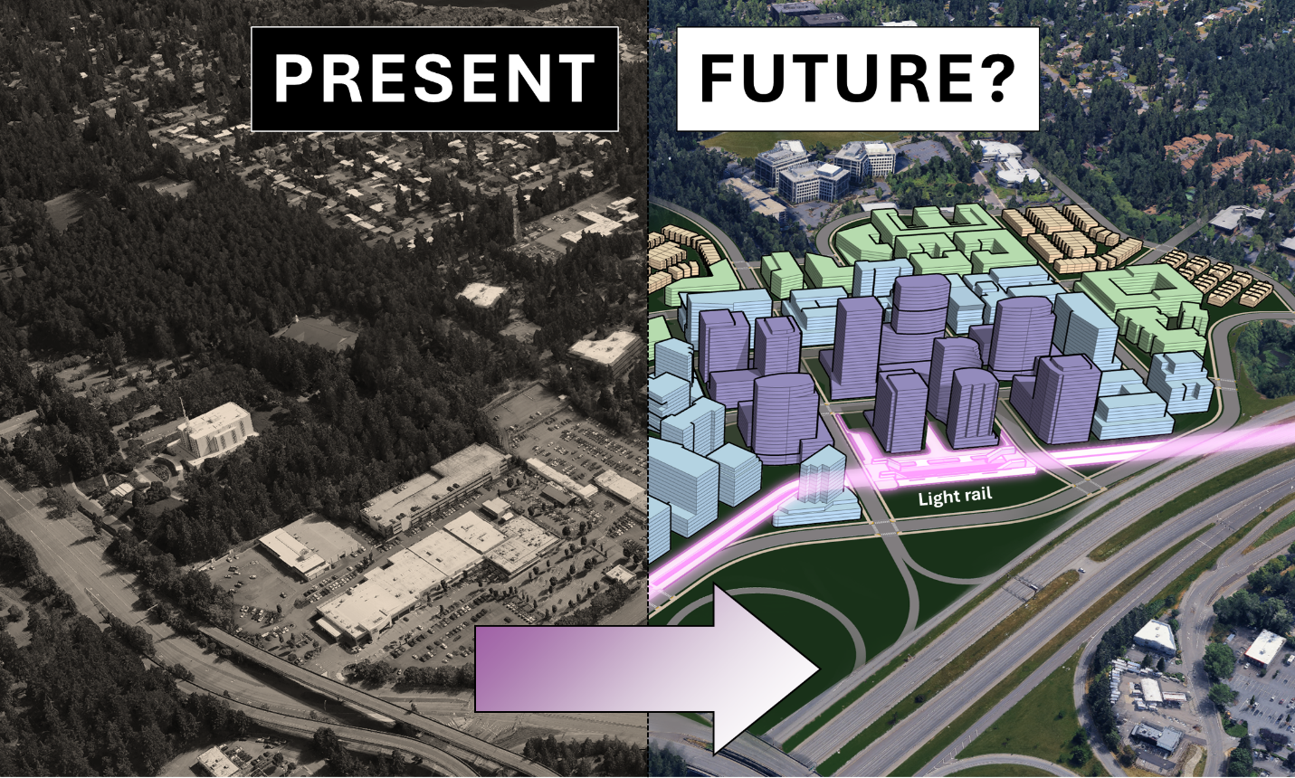 
                     A before and after image shows Eastgate now (low-slung sprawl) and after an urban transformation with midrise and some highri
                     