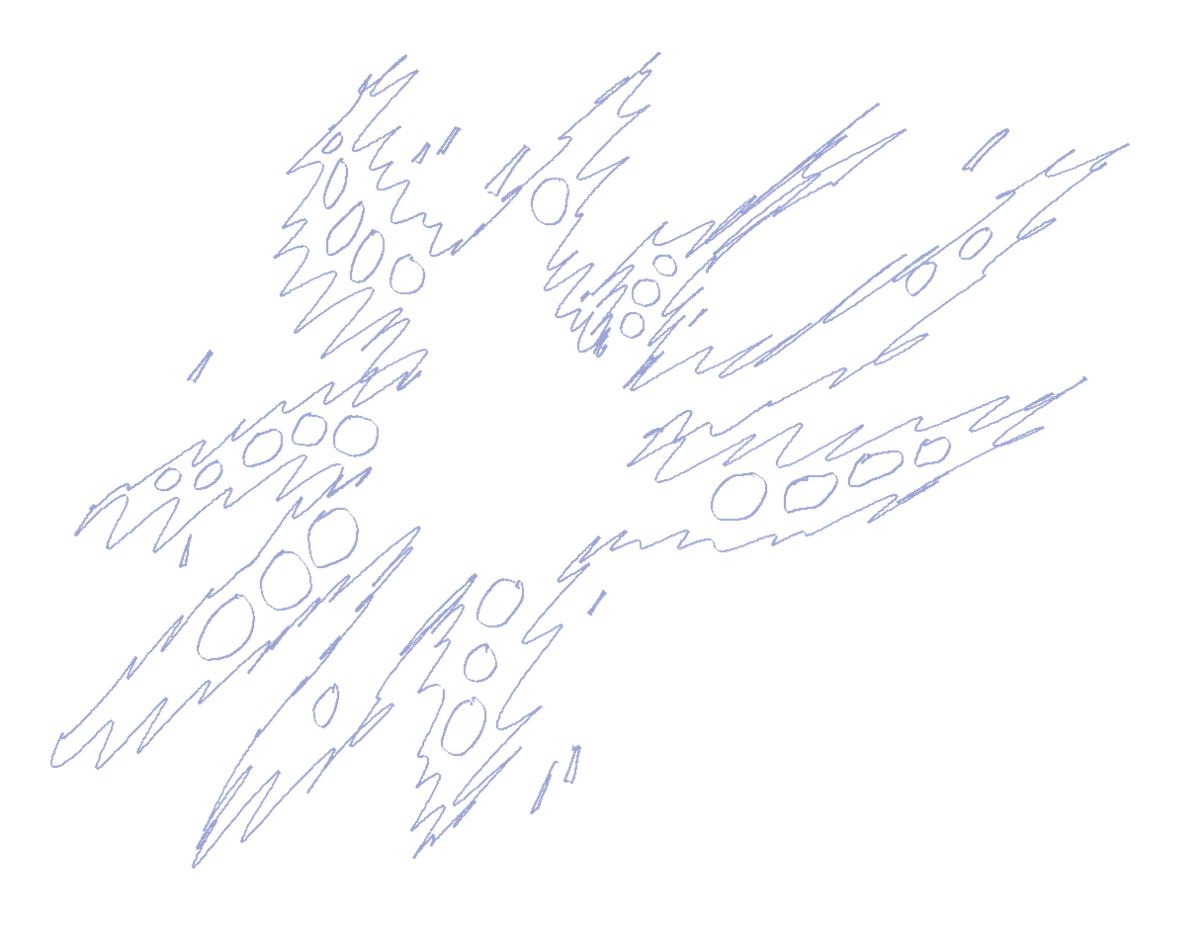 a light-blue, transparent line sketch of a crooked, jagged, nine pointed star with circles inside of it.