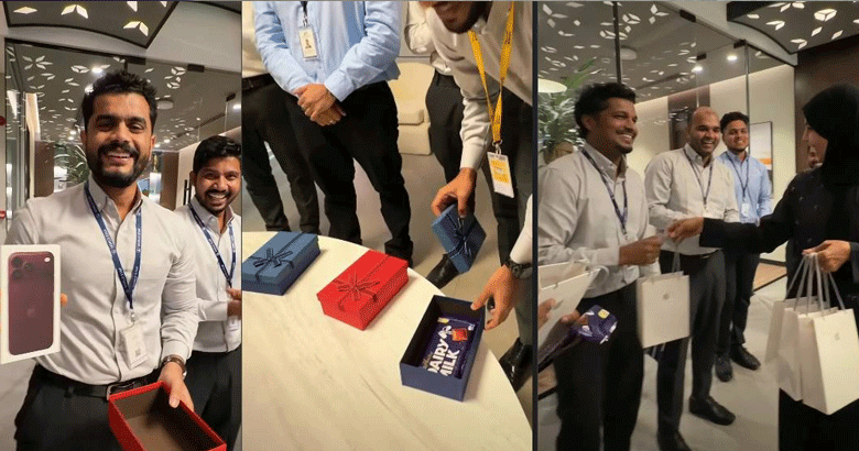 മികച്ച പ്രകടനത്തിന് ഐഫോൺ 18; ജീവനക്കാരെ ചേർത്തുപിടിച്ച് ദുബായിലെ മലയാളി ദമ്പതികൾ
