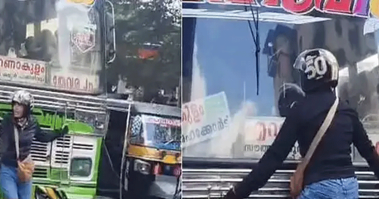 ഇടപ്പള്ളിയിൽ സ്കൂട്ടർ യാത്രക്കാരെ ഇടിച്ചിട്ട് സ്വകാര്യ ബസ്; ബസ് തടഞ്ഞ് യുവതി