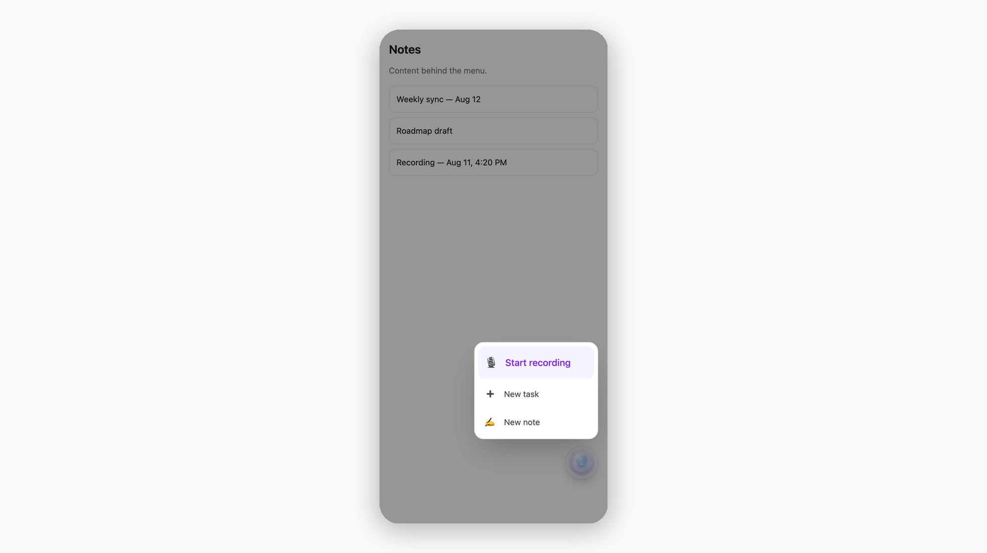 Long-press the Lumen orb: Start recording, New task, New note