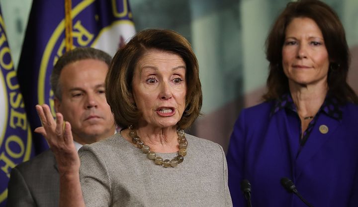 House Speaker Nancy Pelosi (D-Calif.) and DCCC Chair Rep. Cheri Bustos (D-Ill.) speak to the media on Feb. 8, 2018.