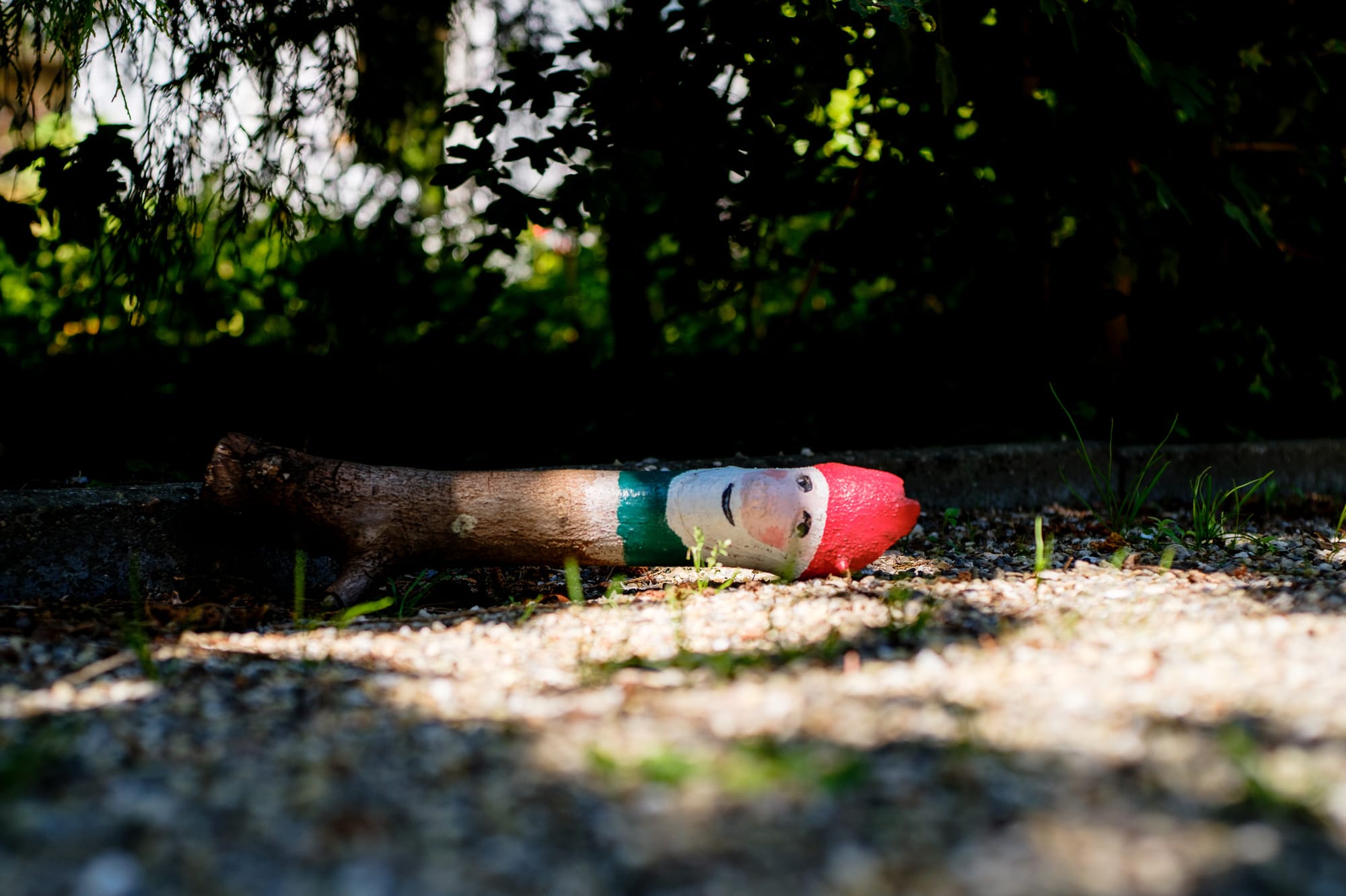 A small gnome figure painted on a log, lying on a gravel path in a patch of sunlight