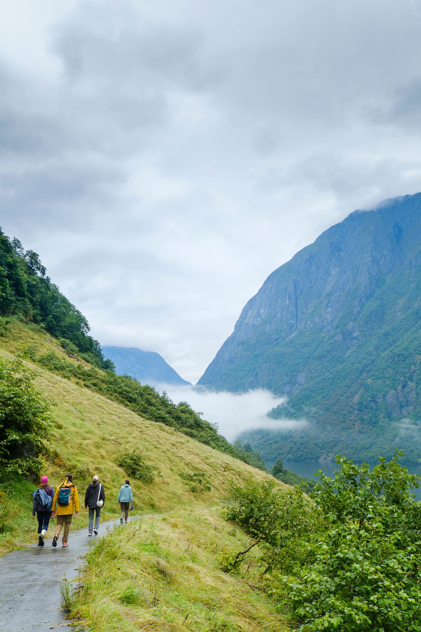Four walkers on a wet path along a steep grassy slope, with the fjord and low cloud ahead.