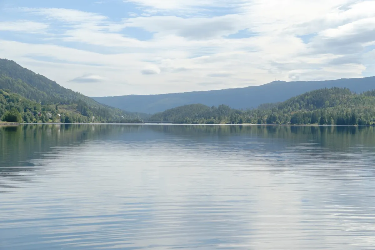 A calm lake in Norway reflecting the sky, with forested hills on both shores.