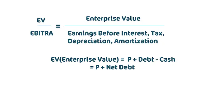 Formula: EV / EBITRA = Enterprise Value / Earnings Before Interest, Tax, Depreciation, Amortization. Formula: EV(Enterprice Value) = P + Debt - Cash = P + Net Debt