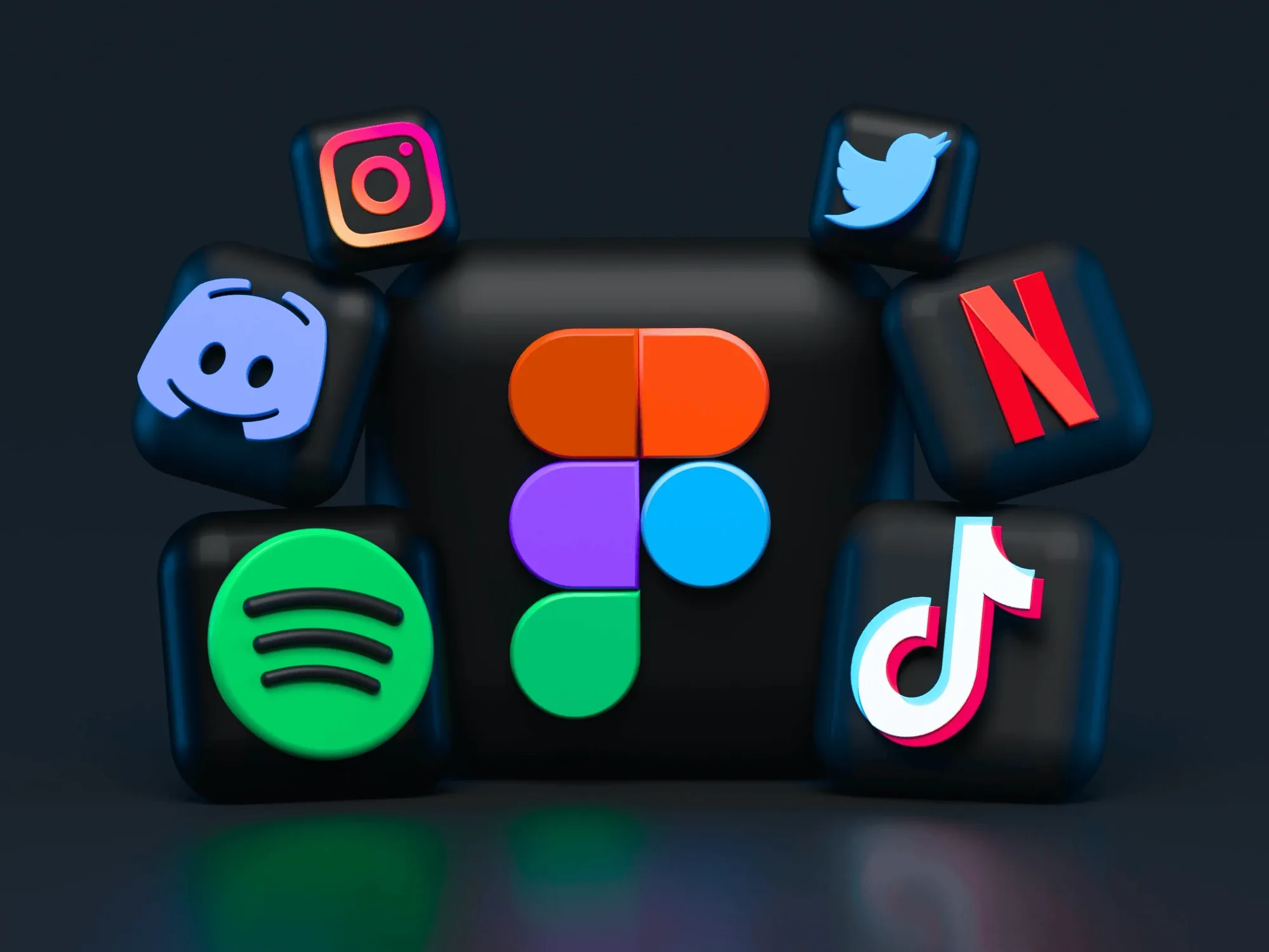 Spotify, Discord, Instagram, Twitter, Netflix, TikTok logos and the Figma logo in the center