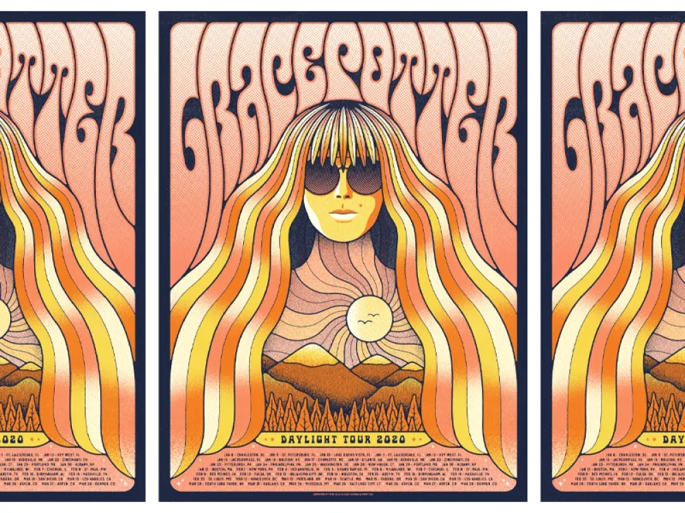 Three posters for Grace Potter's Daylight Tour 2020, featuring a stylized woman with long hair and a mountain landscape