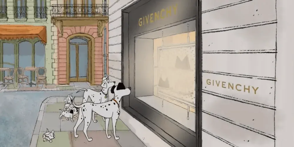 Several Dalmatian dogs look into the window of a Givenchy store