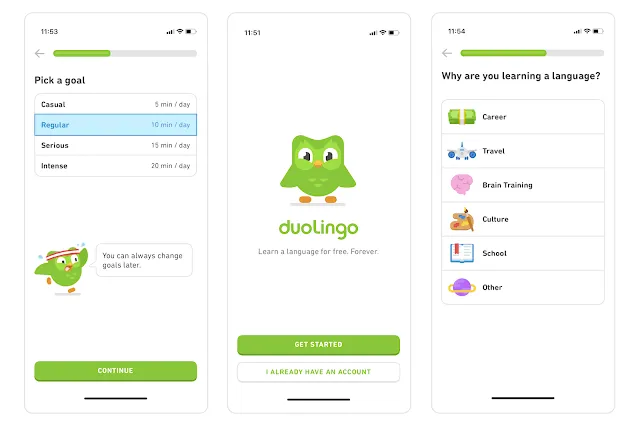Three phones with duolingo app