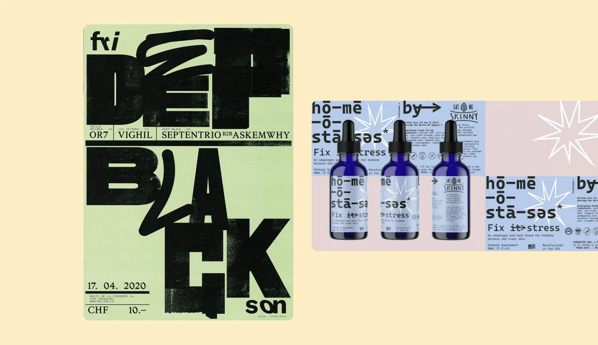 Poster for Deep Black event by Fxi Records and image of ho-me by Skinny stress relief supplement bottles