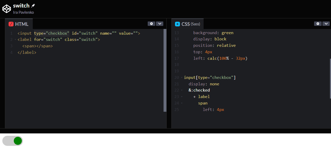 html and css code for switch on/off button