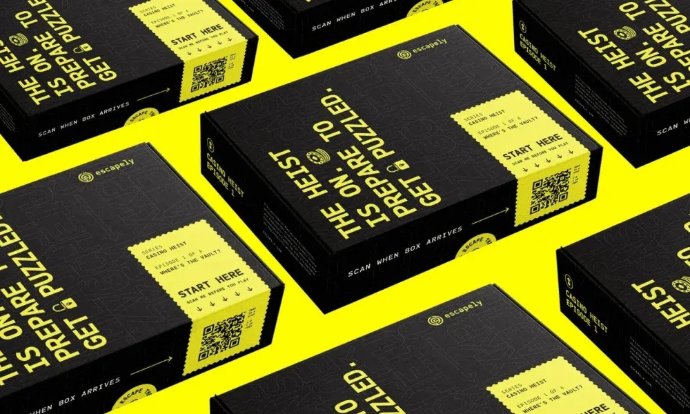 Escape puzzle box for heist game, black with yellow labels