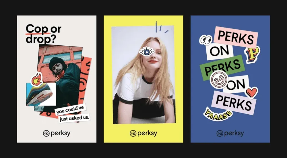 Three examples of stickers with the Perksy logo