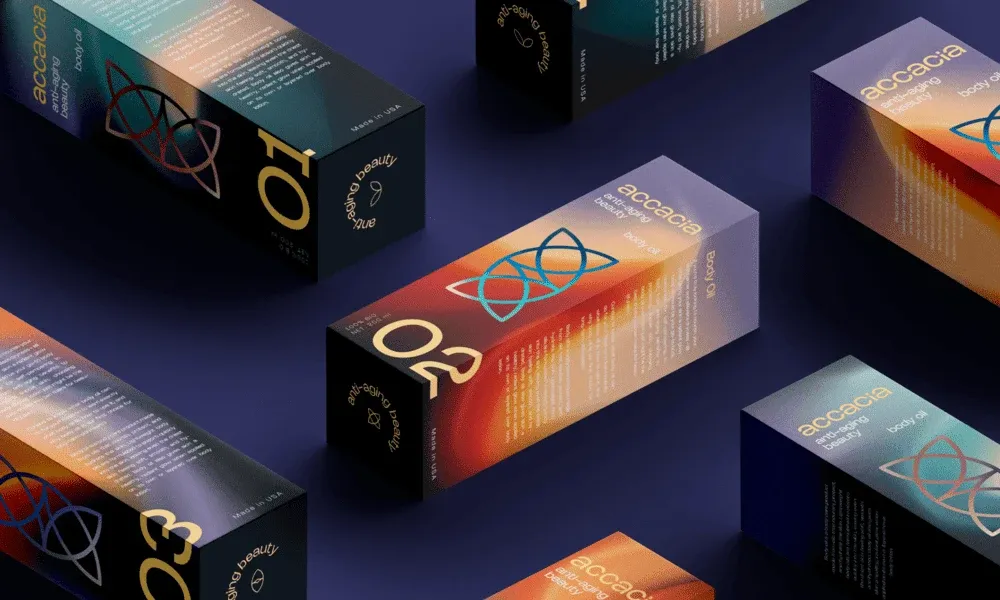 Boxes of anti-aging body oil on a purple background