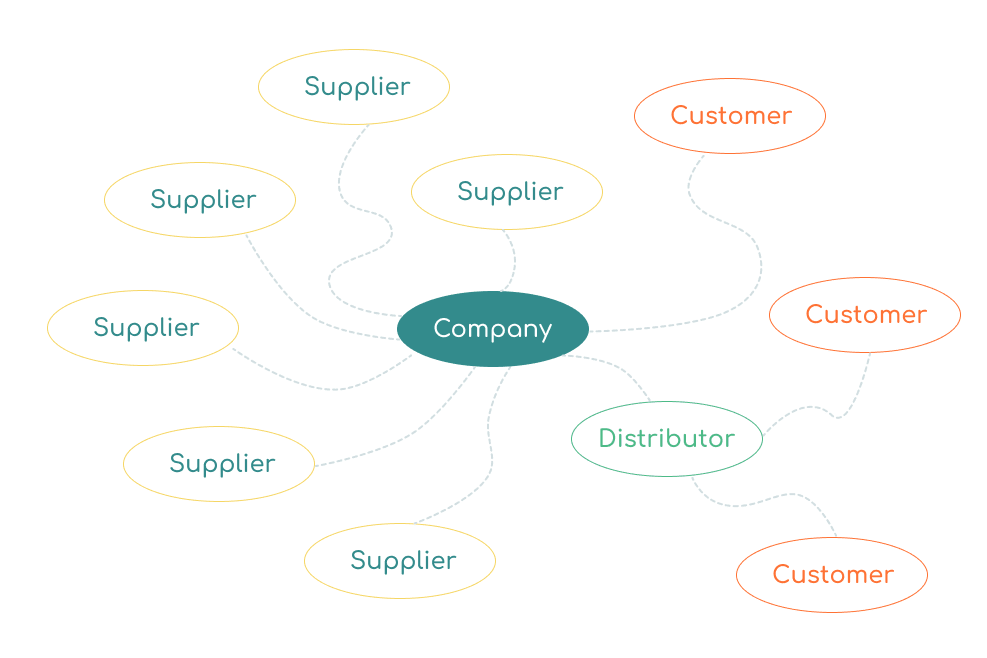 The relationship structure between the supplier, distributor, company and customer