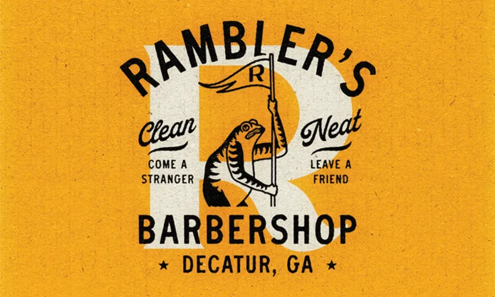 Rambler's Barbershop sign, frog with flag