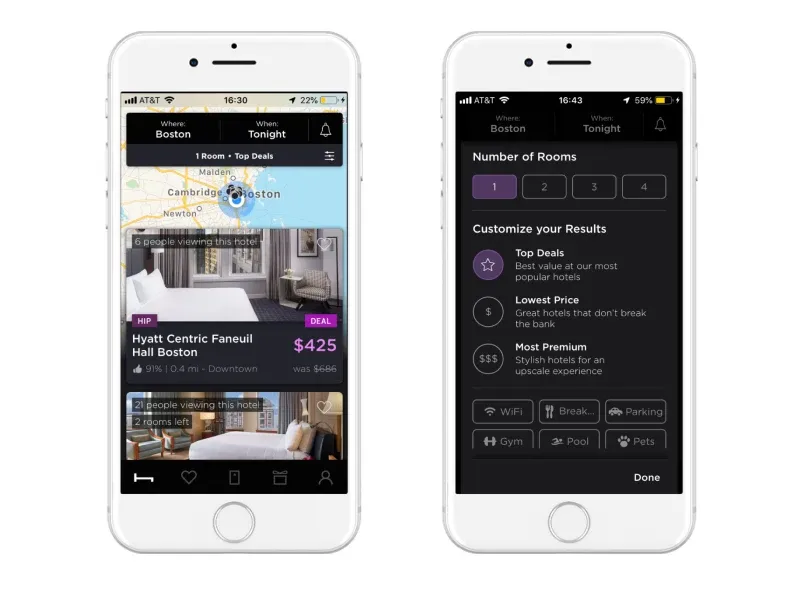 two phones with the Hotel Tonight application