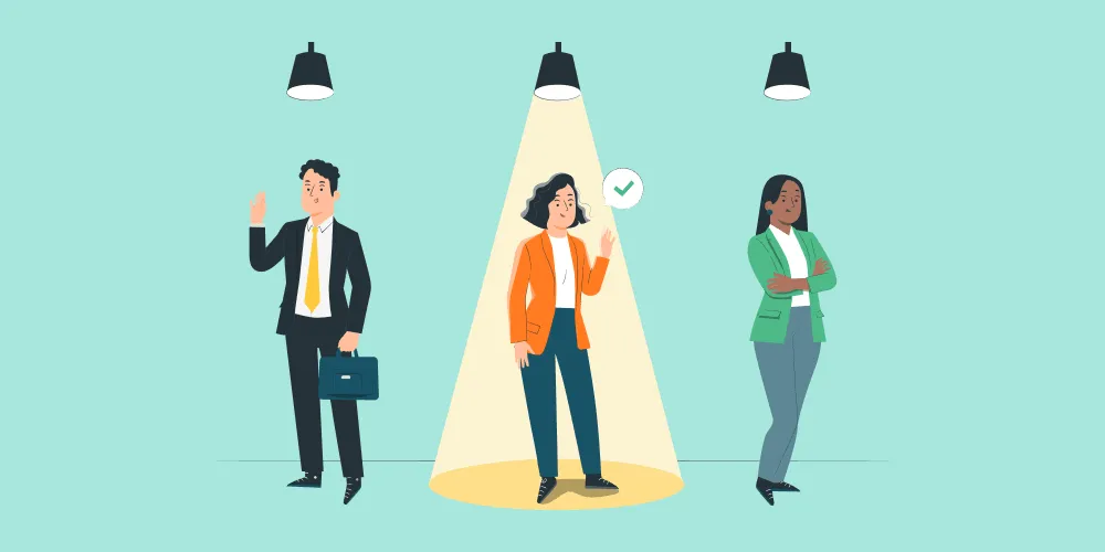 illustration: three people in business style, a spotlight shines above the middle one as the correct choice