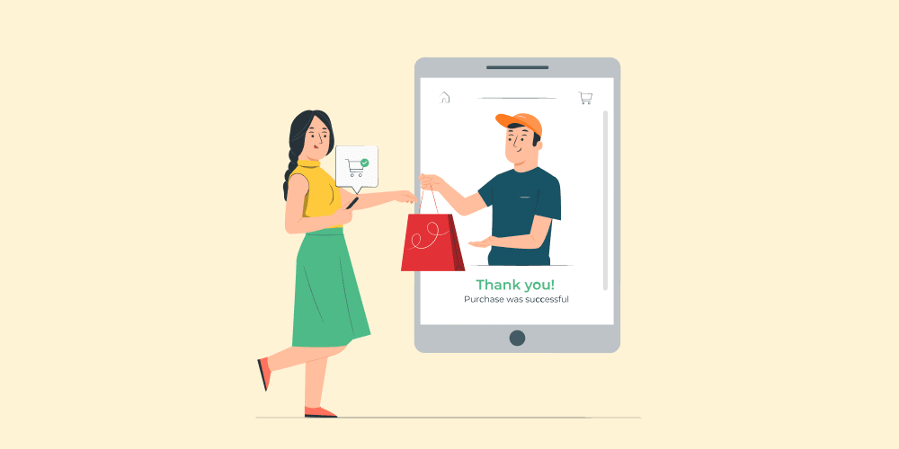 illustration: girl pays for purchase and receives goods