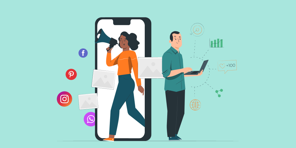 illustration: man with laptop and girl with megaphone