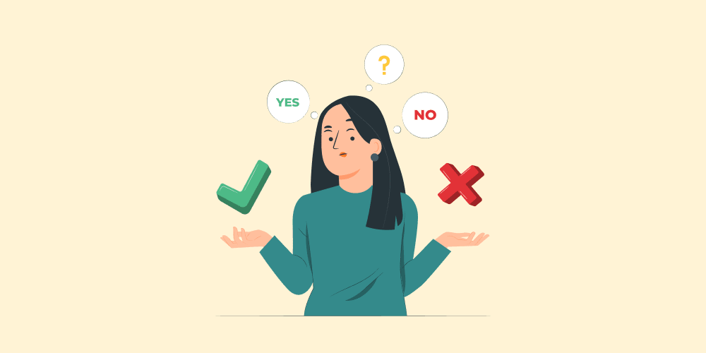 illustration: girl with arms outstretched and a choice between yes or no