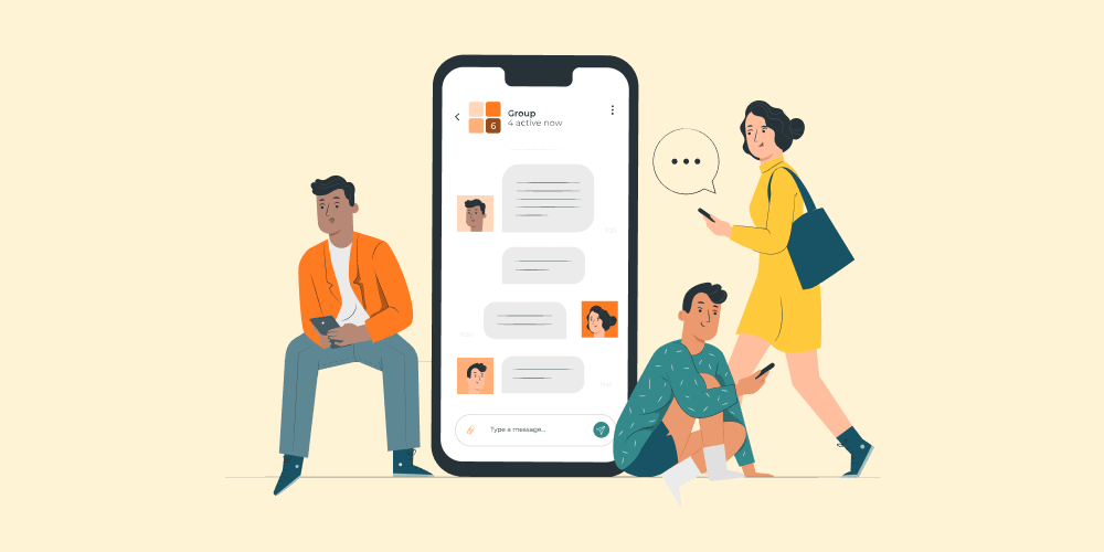illustration: a large phone with an open chat, next to which three people are sending letters