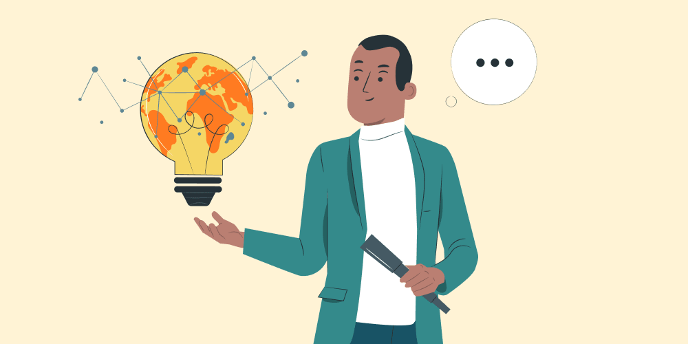 illustration: the world in a light bulb hovers above a man's hand