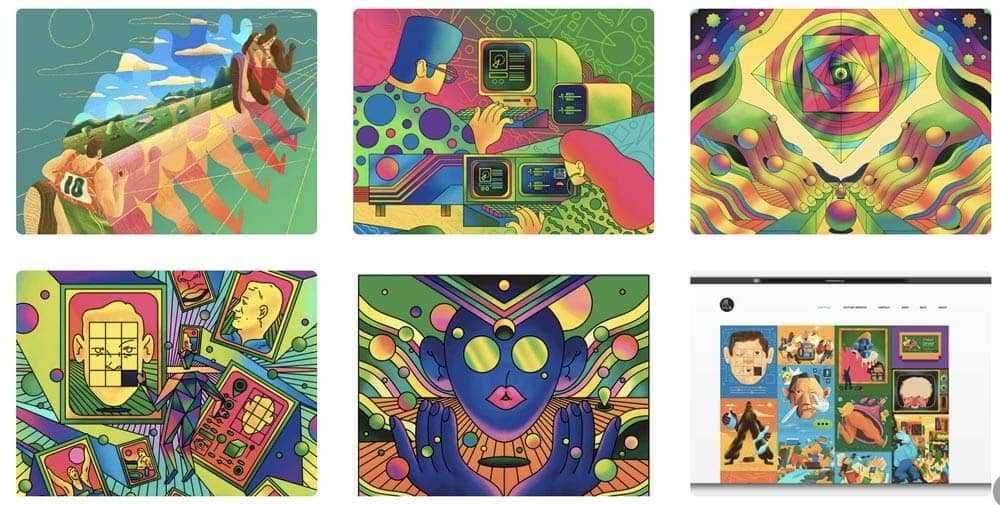 Six vibrant abstract artworks with figures and tech, plus a website gallery