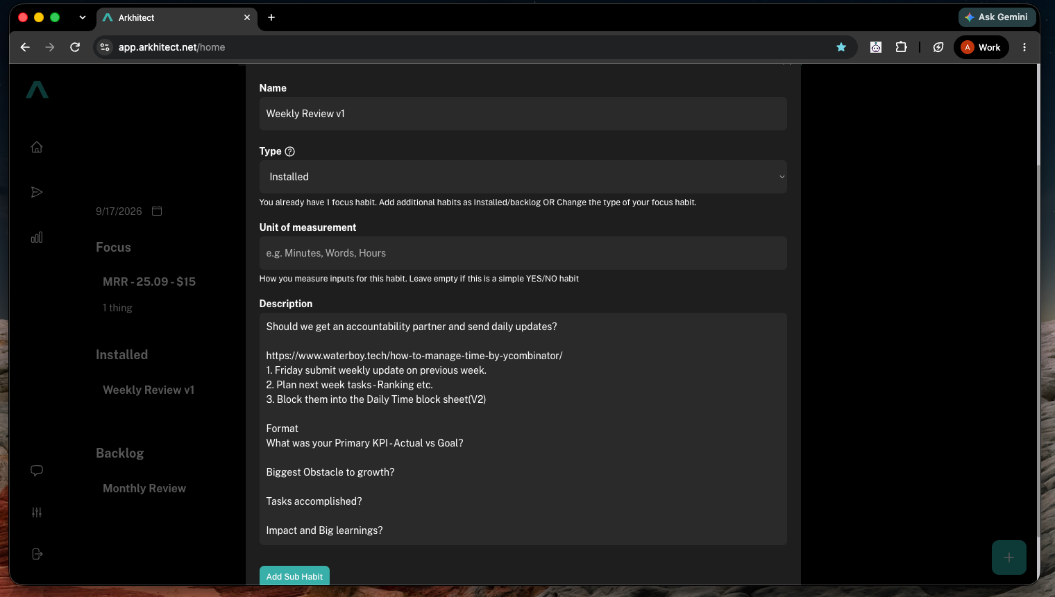 This is the format for the weekly review and some notes, so I dont need to keep looking at the blog
