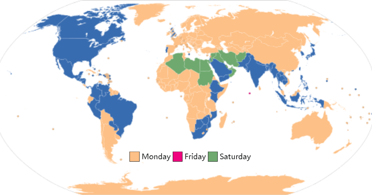 Map showing which day different countries use as the start of the week