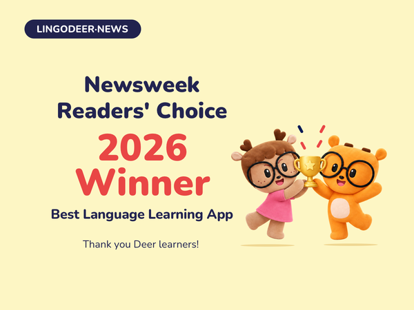 LingoDeer mascots holding a trophy for the 2026 Newsweek Readers’ Choice Award for Best Language Learning App.
