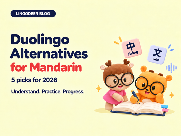 LingoDeer’s brown mascot in pink and orange mascot studying an open book beside Chinese tiles 中 (zhōng) and 文 (wén), with the title Duolingo Alternatives for Mandarin.