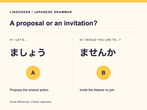 ましょう and ませんか: suggesting a shared action and asking whether someone would like to join.