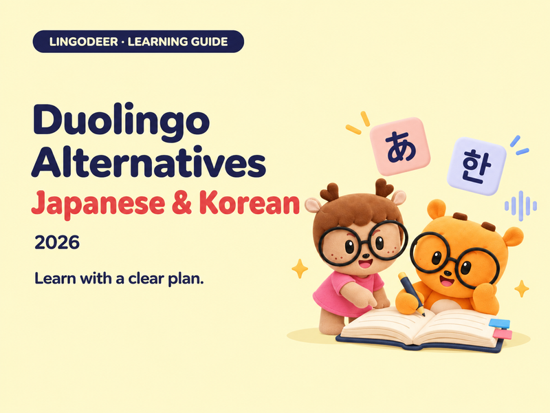 LingoDeer mascots studying beside Japanese and Korean character tiles, with the title Duolingo Alternatives: Japanese & Korean (2026).