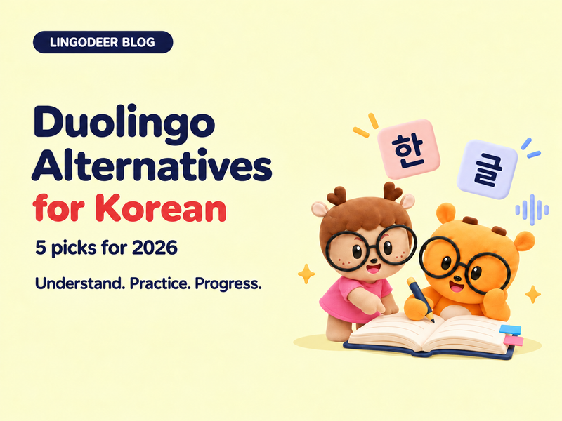 LingoDeer’s brown mascot in pink and orange mascot studying together beside Hangul tiles 한 and 글, with the title Duolingo Alternatives for Korean.