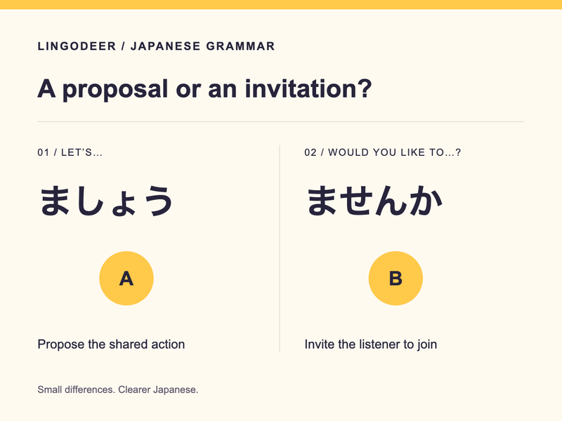 ましょう and ませんか: suggesting a shared action and asking whether someone would like to join.