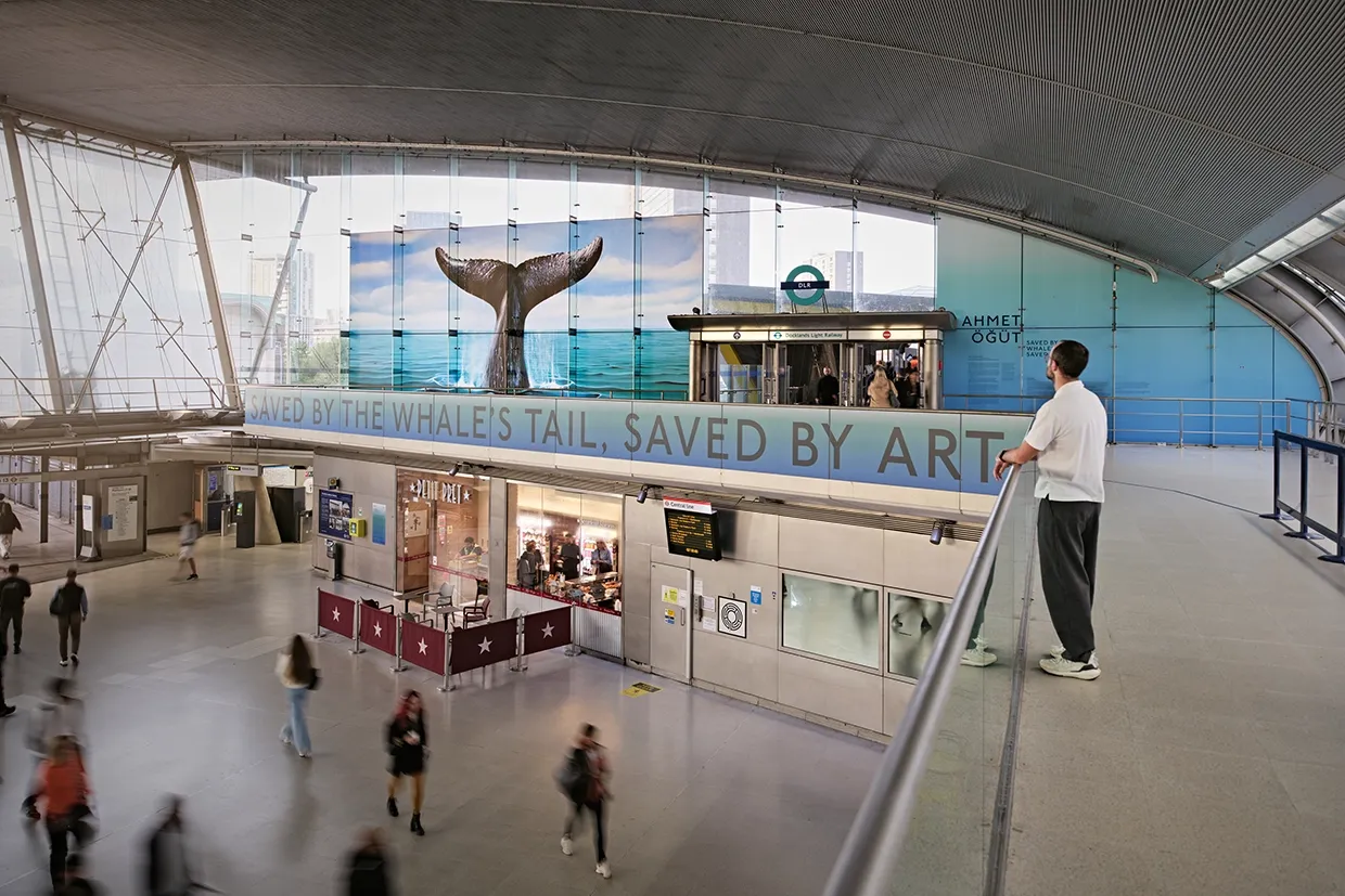 Ahmet Öğüt, ‘Saved by the Whale’s Tail, Saved by Art’, 2025, Stratford station. Commissioned by Art on the Underground and New Contemporaries
