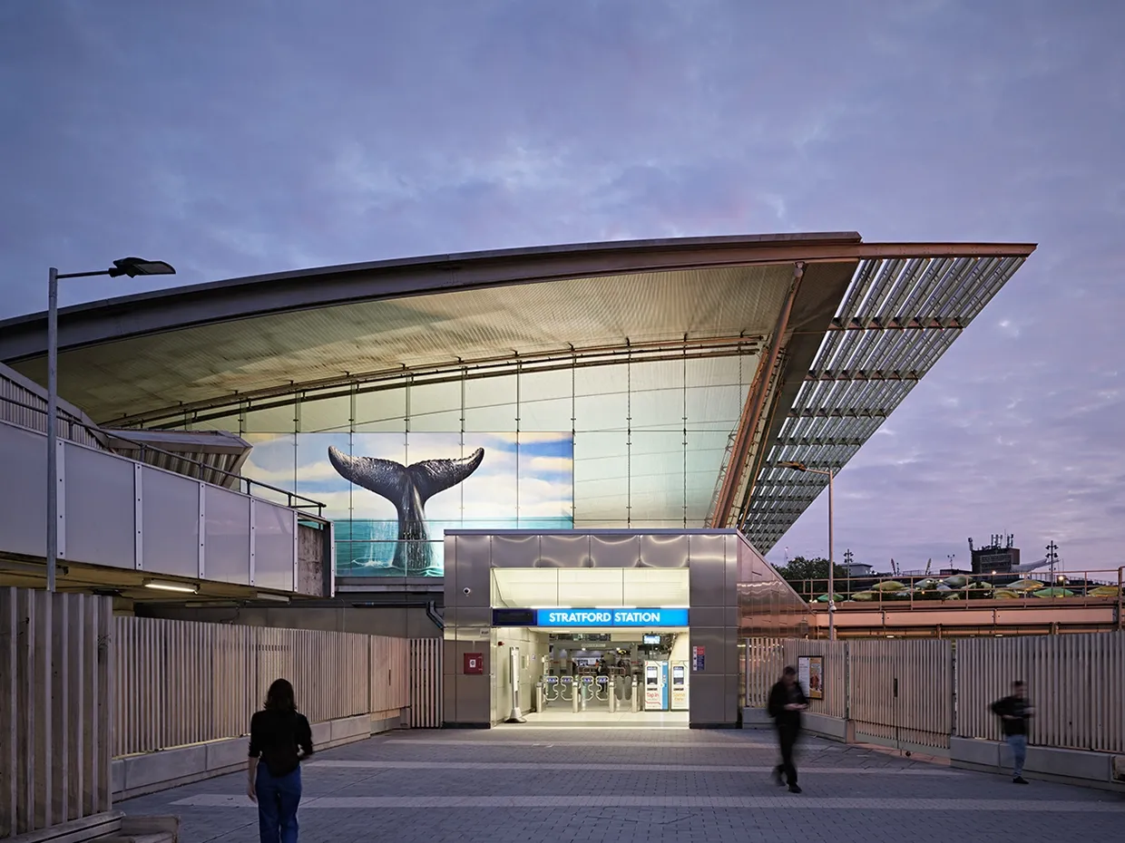 Ahmet Öğüt's ‘Saved by the Whale’s Tail, Saved by Art’, can be seen from outside the station entrance