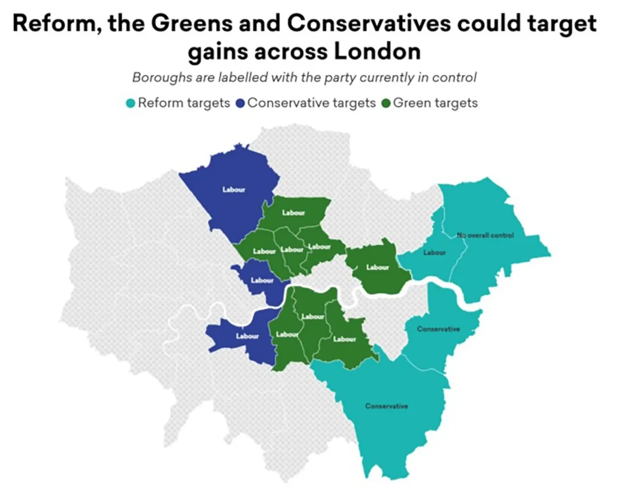 Map image showing which areas could be targeted for gains by Greens, Reform and Conservatives.