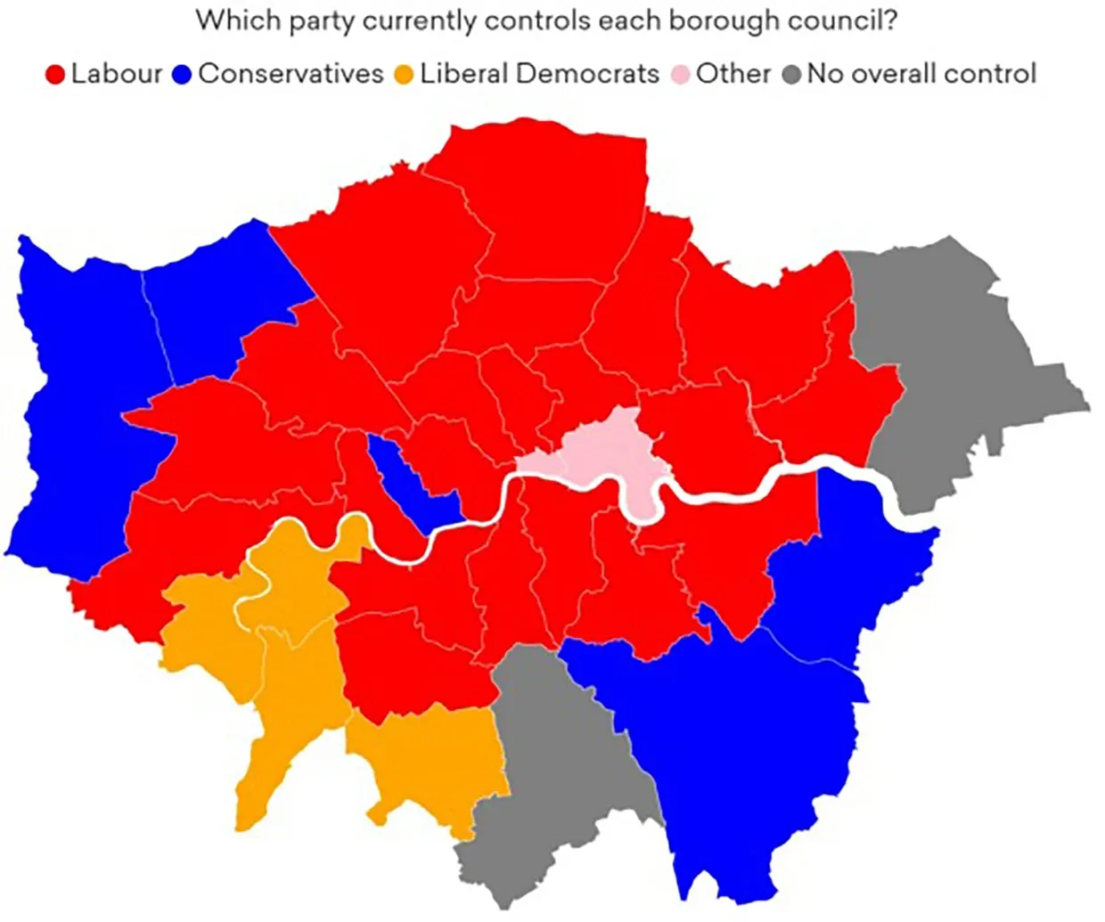 Image showing the current areas held by which party in London.