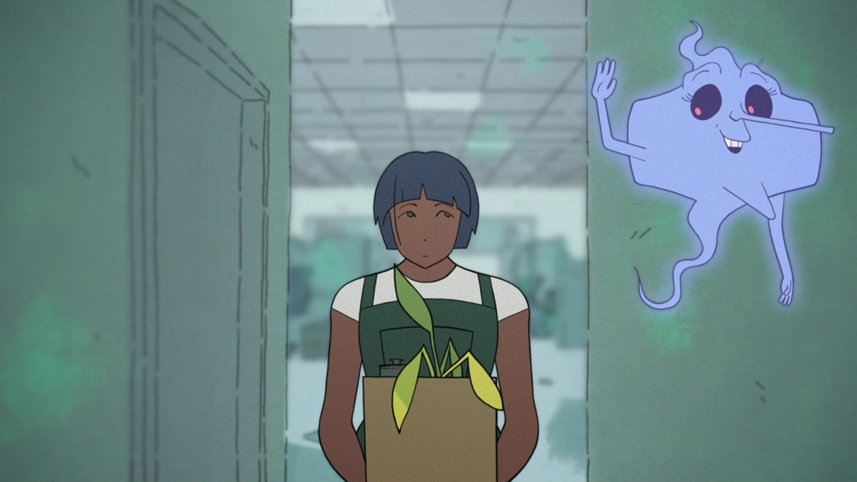 Still from animated short film Passenger, featuring a woman walking down an office hallway carrying a plant in a paper bag. Next to her is a ghost that smiles and waves.
