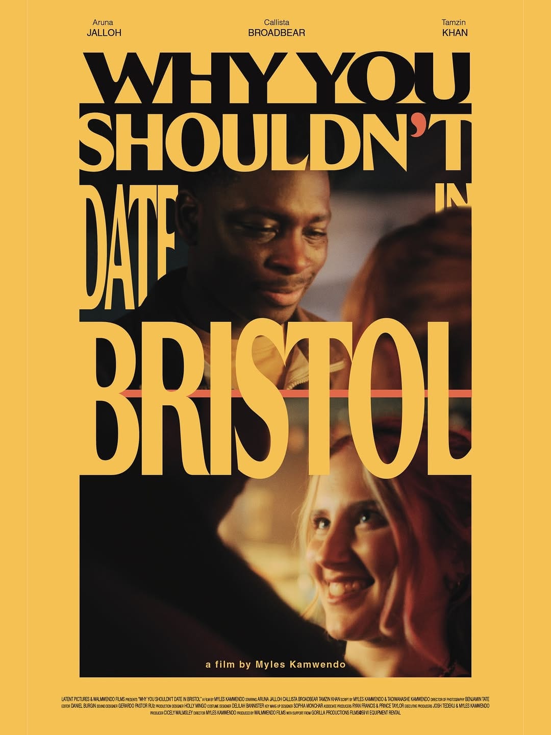 Film poster with text "Why You Shouldn't Date in Bristol" in yellow over the faces of two smiling people.