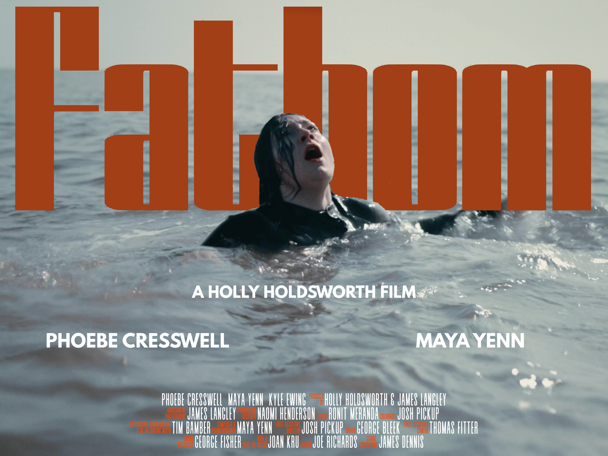 Woman treads water in the ocean. "Fathom" title and credits.
